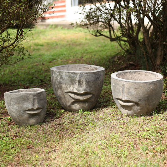 Contemporary Concrete Face Planters, Set of 3